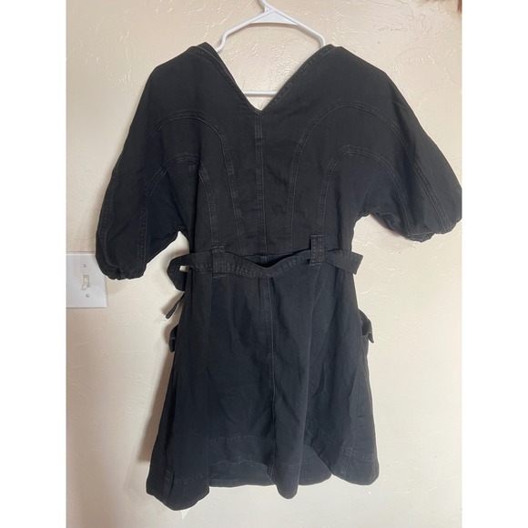 Commense Black Denim Puff Sleeve Button Belted Mini Dress Pocketed dark romantic - Picture 9 of 12